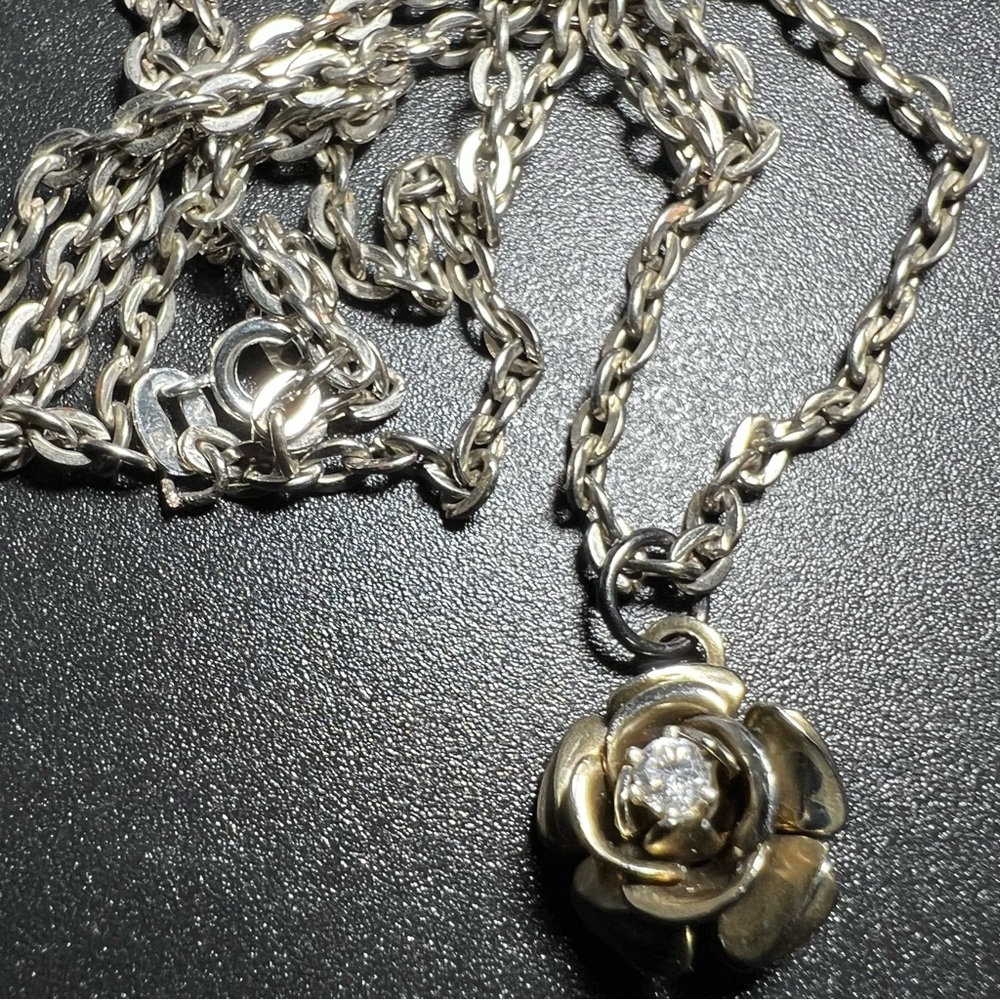 Vintage Oxidized Silver Flower Pendant with CZ Crystal Center 20” Chain